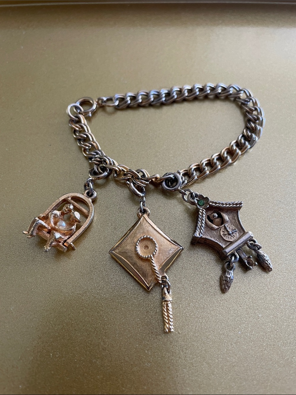 Vintage Gold Tone Charm Bracelet w/ Removable Charms: Clock, Graduation Cap